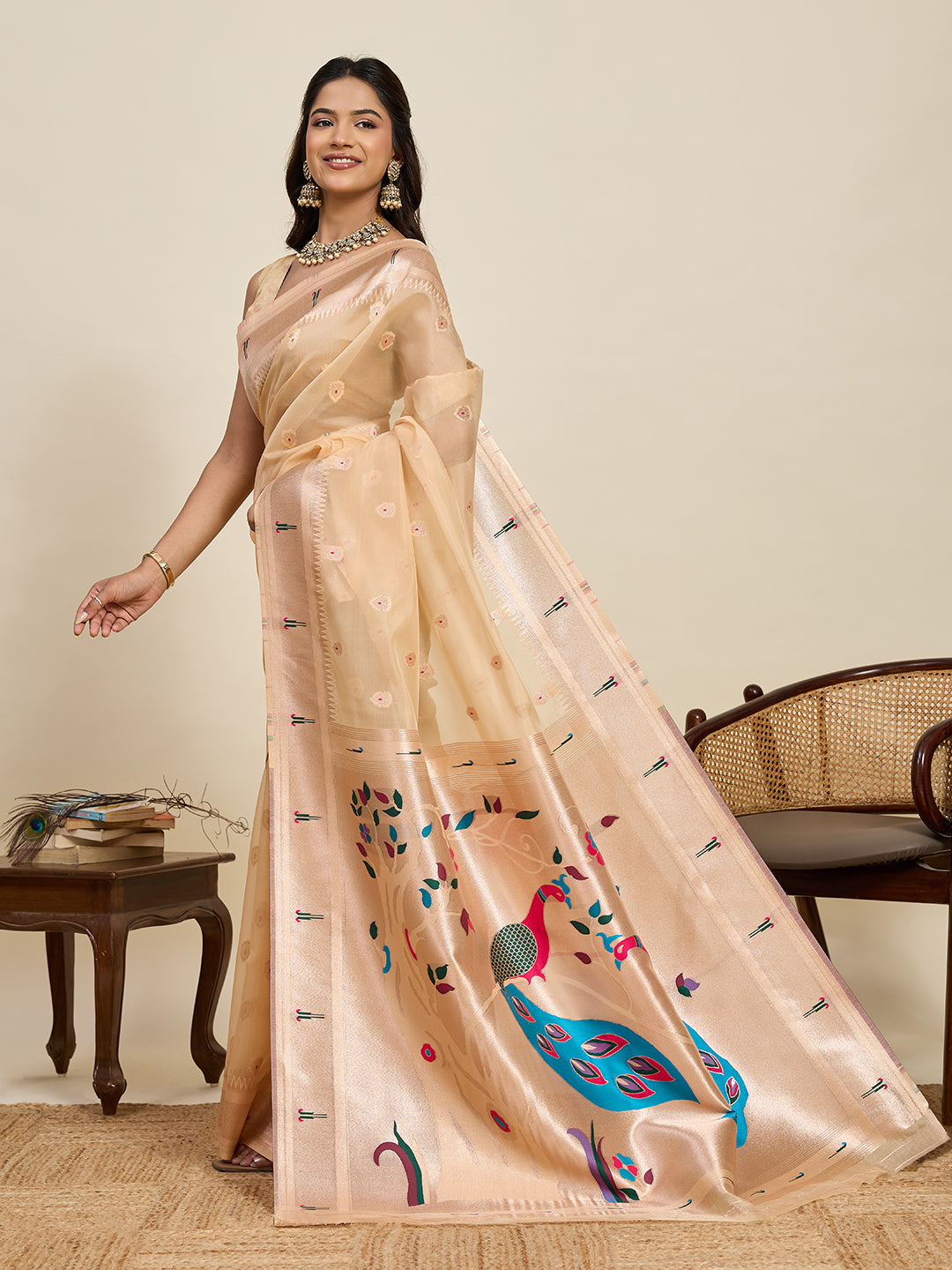 Fabrica Vibe Beige Organza Silk Saree with Peacock Pallu & Floral Woven Design