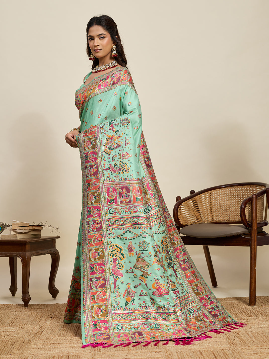 Fabrica Vibe Mint Green  Art Silk Saree with Traditional Folk & Peacock Motifs