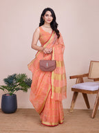 Fabrica Vibe Peach Handwoven Cotton Saree with Golden Checks & Contrast Border