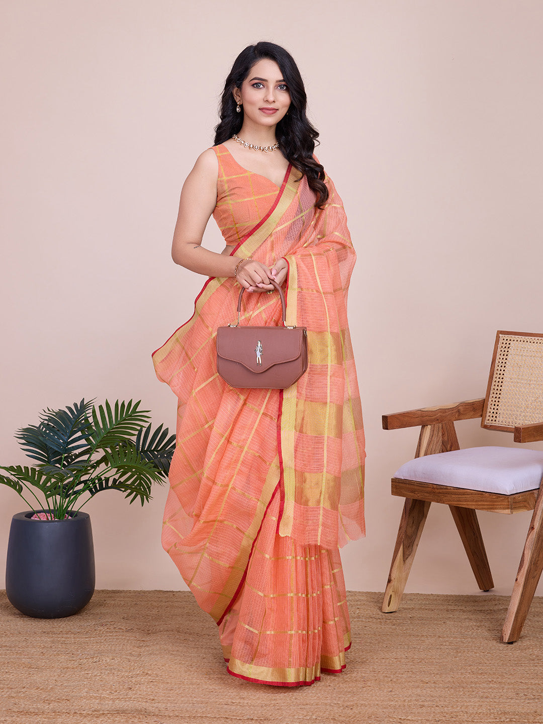 Fabrica Vibe Peach Handwoven Cotton Saree with Golden Checks & Contrast Border