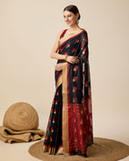 Fabrica Vibe Handwoven Bengal Cotton Saree in Black & Red with Woven Geometric Motifs