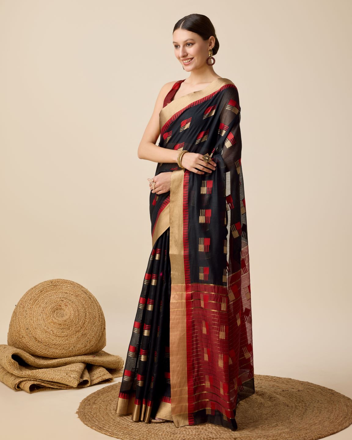 Fabrica Vibe Handwoven Bengal Cotton Saree in Black & Red with Woven Geometric Motifs