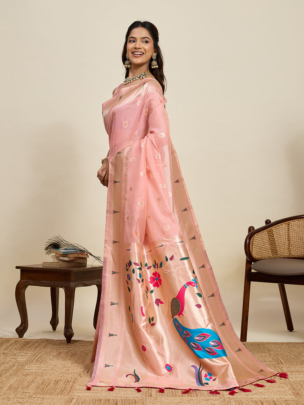 Fabrica Vibe Blush Pink Organza Silk Saree with Peacock Motif Pallu & Zari Border
