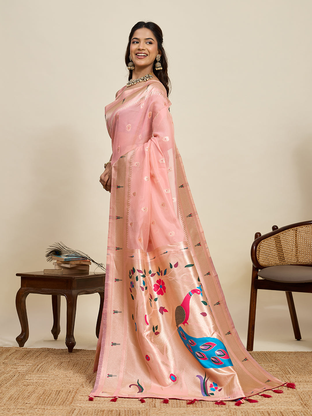 Fabrica Vibe Blush Pink Organza Silk Saree with Peacock Motif Pallu & Zari Border