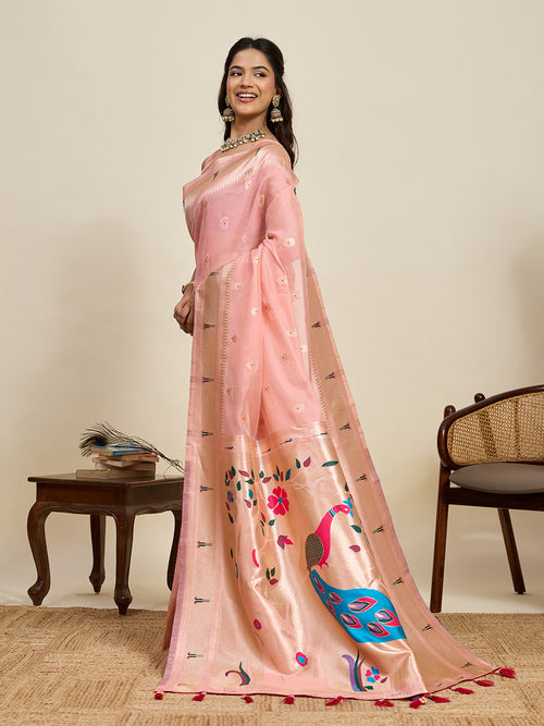 Fabrica Vibe Blush Pink Organza Silk Saree with Peacock Motif Pallu & Zari Border