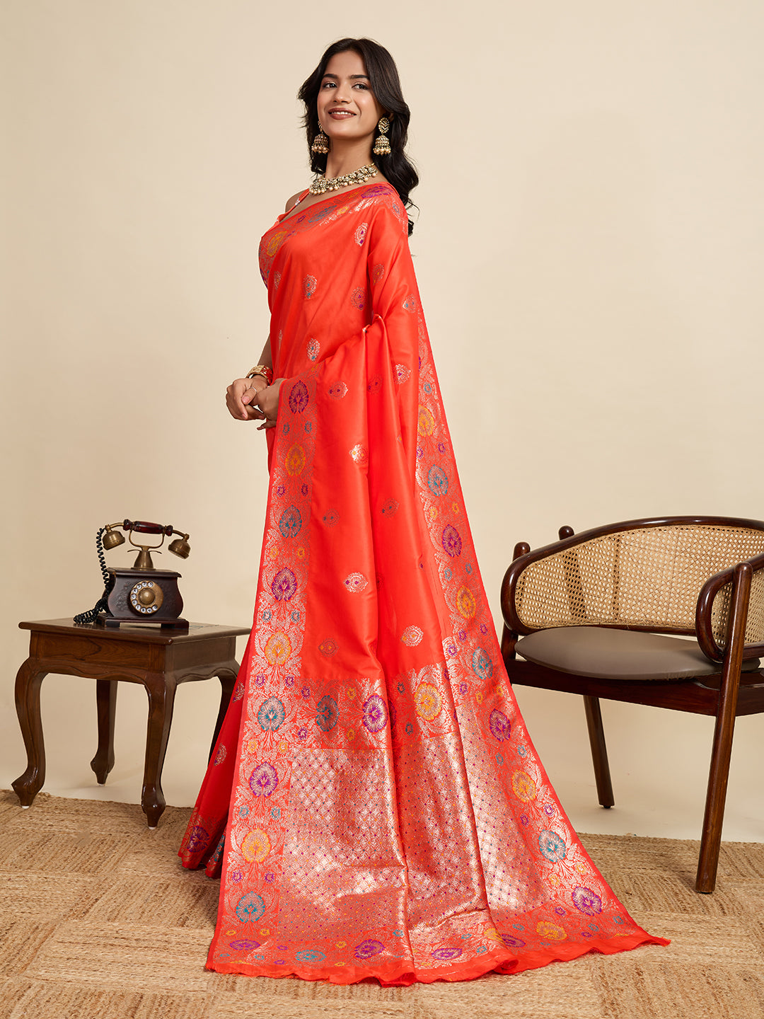 Fabrica Vibe Coral Orange Banarasi Silk Saree with Multicolor Floral Zari Border