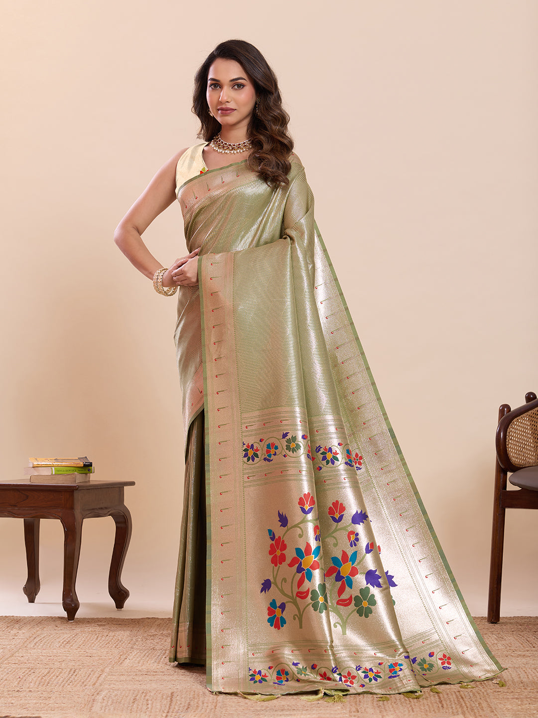 Fabrica Vibe Sage Green Paithani Art Silk Saree with Multicolor Floral Woven Pallu