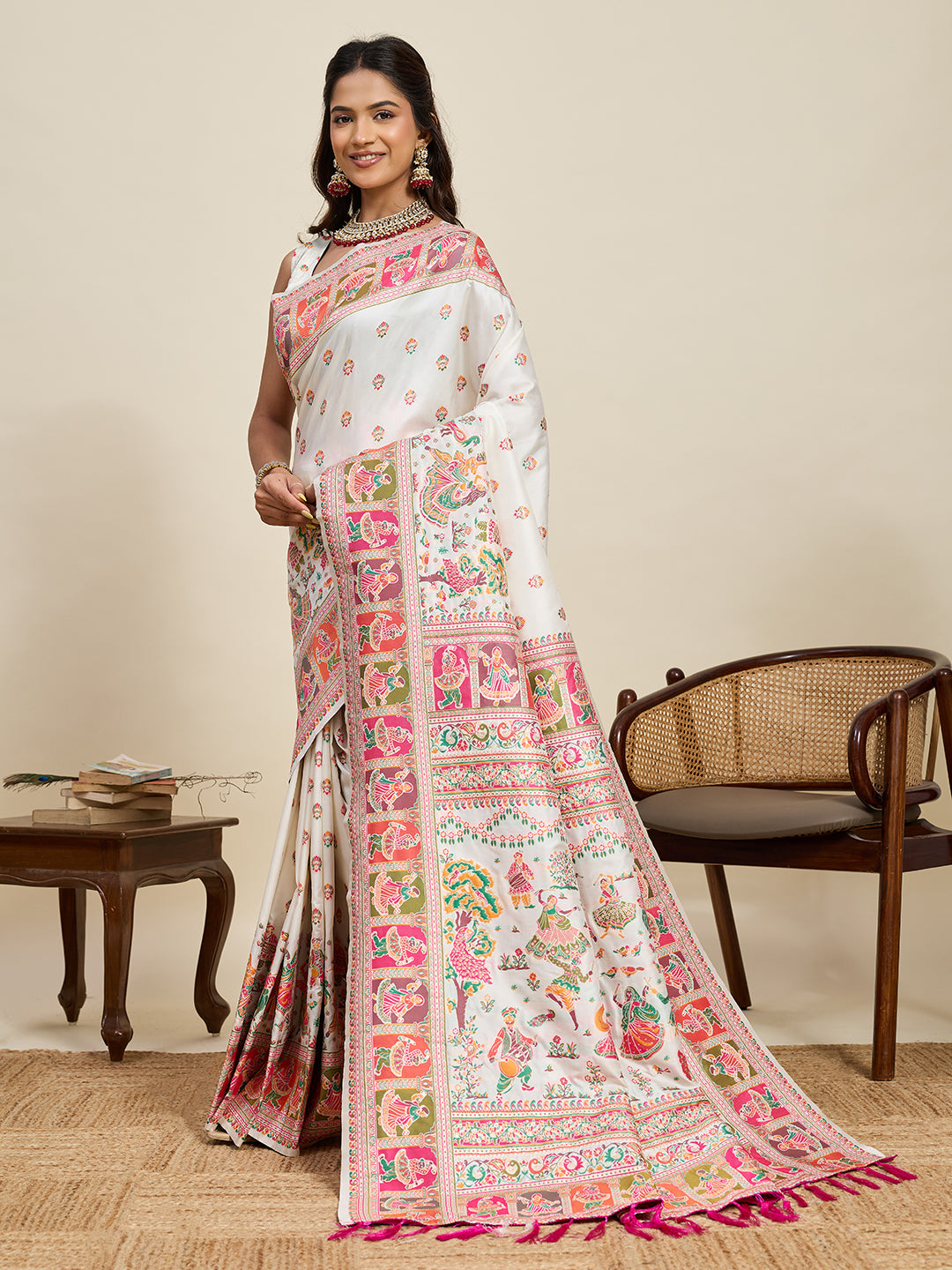 Fabrica Vibe Ivory White Art Silk Folk Art Printed Saree with Peacock Motifs & Tassel Pallu
