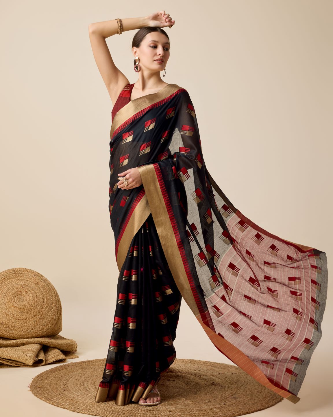 Fabrica Vibe Handwoven Bengal Cotton Saree in Black & Red with Woven Geometric Motifs