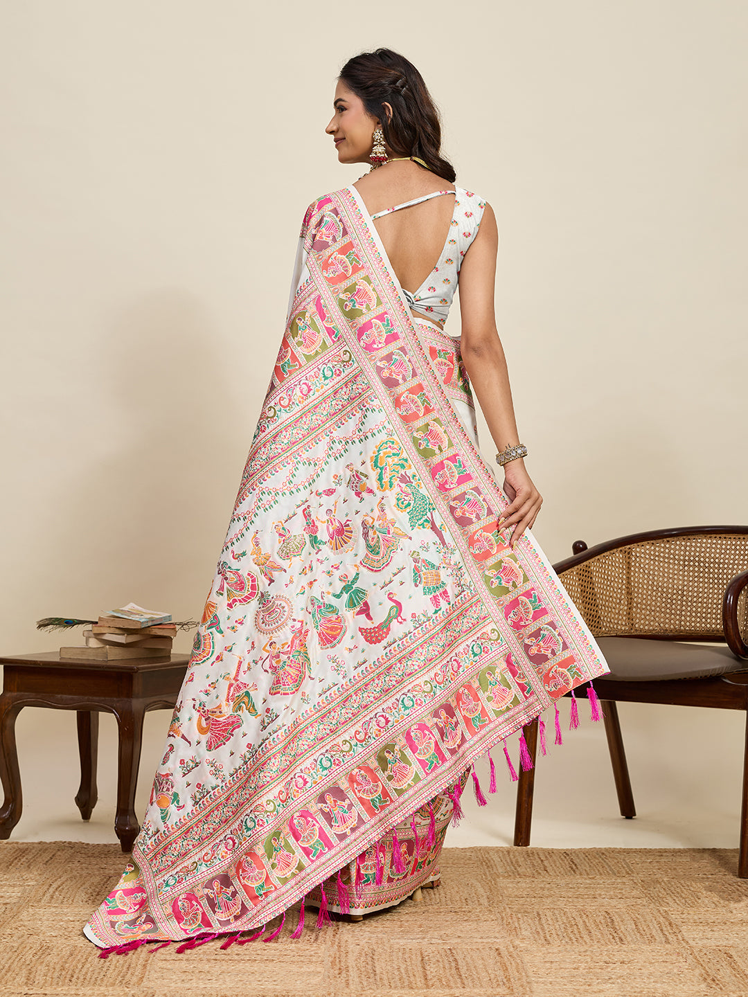 Fabrica Vibe Ivory White Art Silk Folk Art Printed Saree with Peacock Motifs & Tassel Pallu