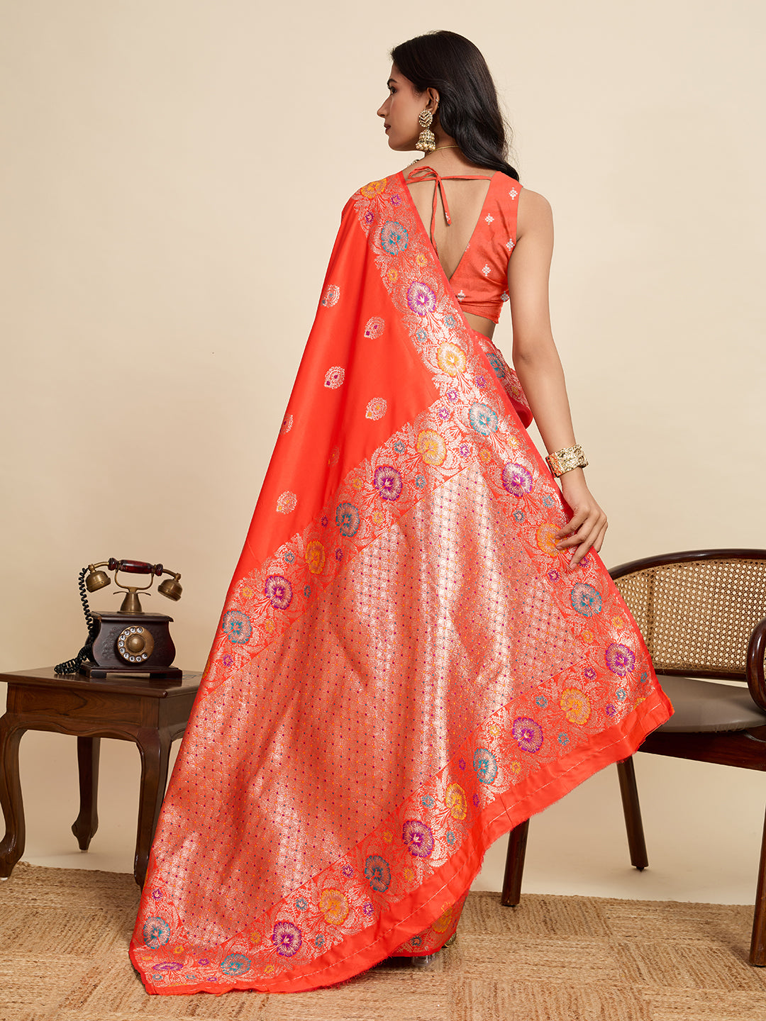 Fabrica Vibe Coral Orange Banarasi Silk Saree with Multicolor Floral Zari Border