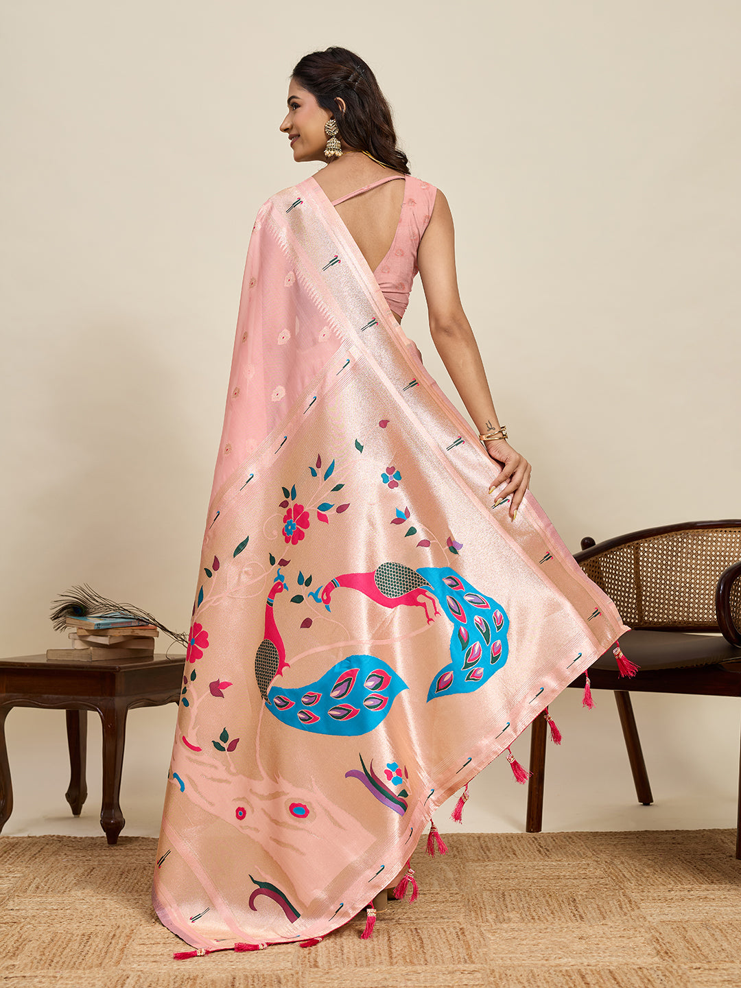 Fabrica Vibe Blush Pink Organza Silk Saree with Peacock Motif Pallu & Zari Border