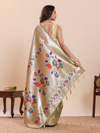Fabrica Vibe Sage Green Paithani Art Silk Saree with Multicolor Floral Woven Pallu