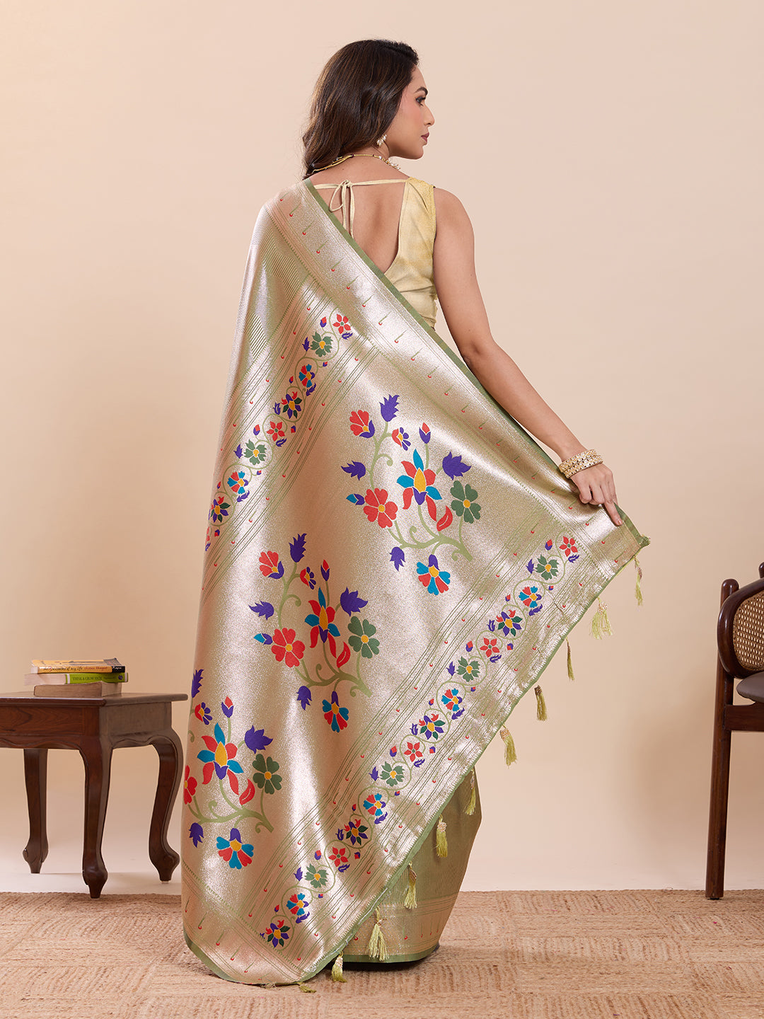 Fabrica Vibe Sage Green Paithani Art Silk Saree with Multicolor Floral Woven Pallu