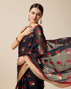Fabrica Vibe Handwoven Bengal Cotton Saree in Black & Red with Woven Geometric Motifs