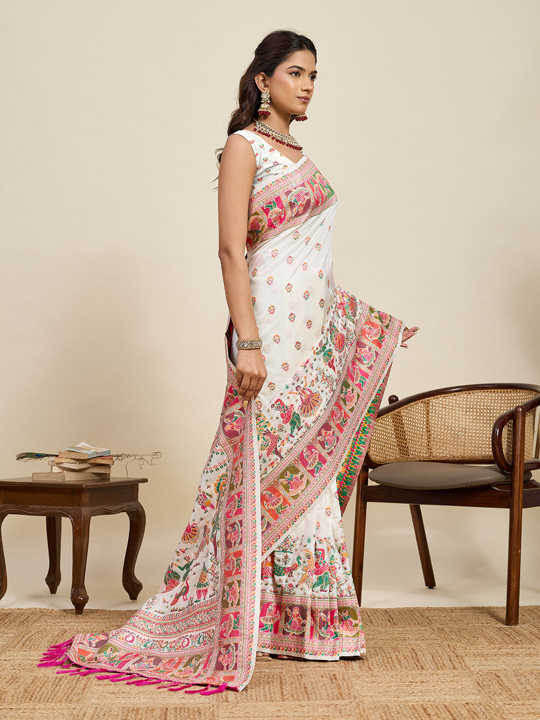 Fabrica Vibe Ivory White Art Silk Folk Art Printed Saree with Peacock Motifs & Tassel Pallu