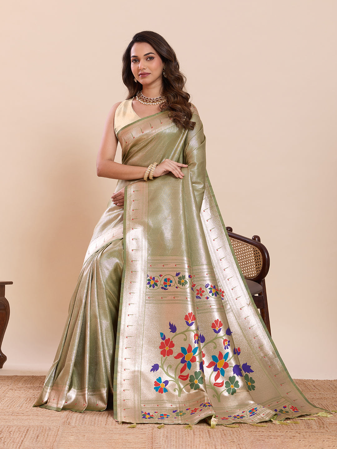Fabrica Vibe Sage Green Paithani Art Silk Saree with Multicolor Floral Woven Pallu