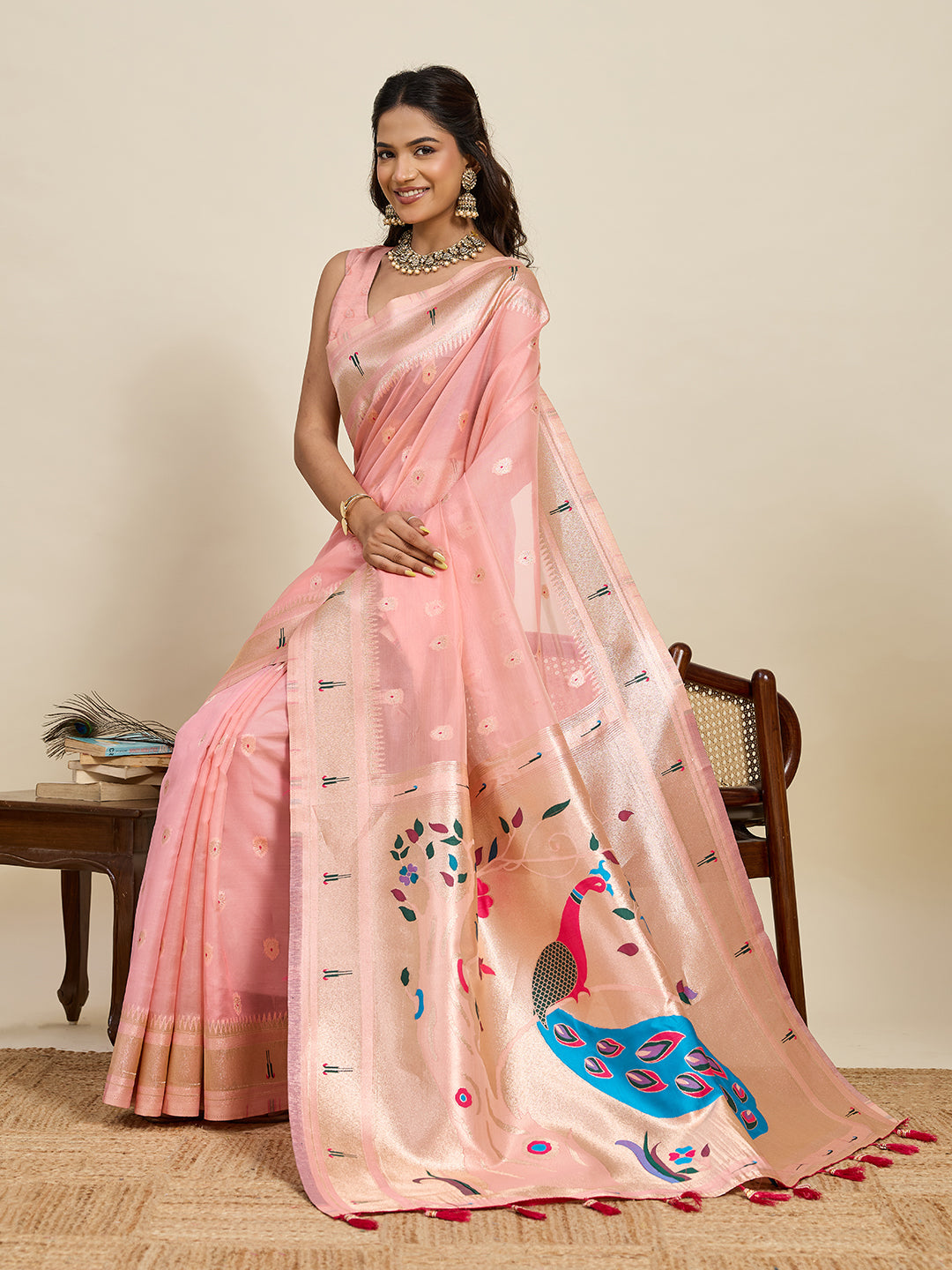 Fabrica Vibe Blush Pink Organza Silk Saree with Peacock Motif Pallu & Zari Border