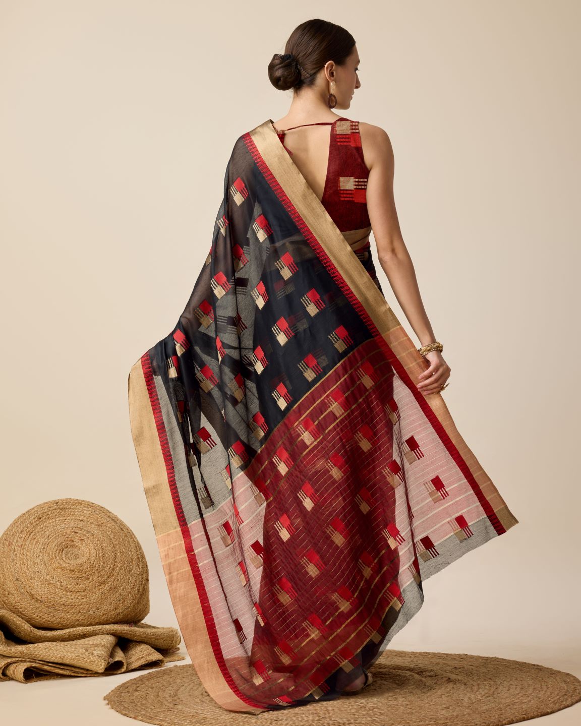 Fabrica Vibe Handwoven Bengal Cotton Saree in Black & Red with Woven Geometric Motifs
