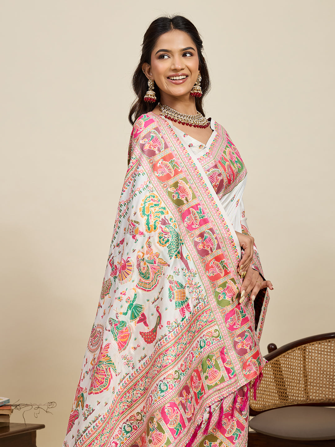Fabrica Vibe Ivory White Art Silk Folk Art Printed Saree with Peacock Motifs & Tassel Pallu
