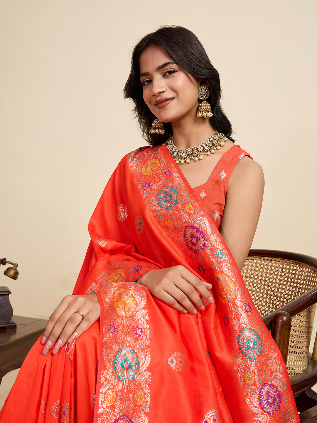 Fabrica Vibe Coral Orange Banarasi Silk Saree with Multicolor Floral Zari Border