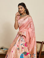 Fabrica Vibe Blush Pink Organza Silk Saree with Peacock Motif Pallu & Zari Border