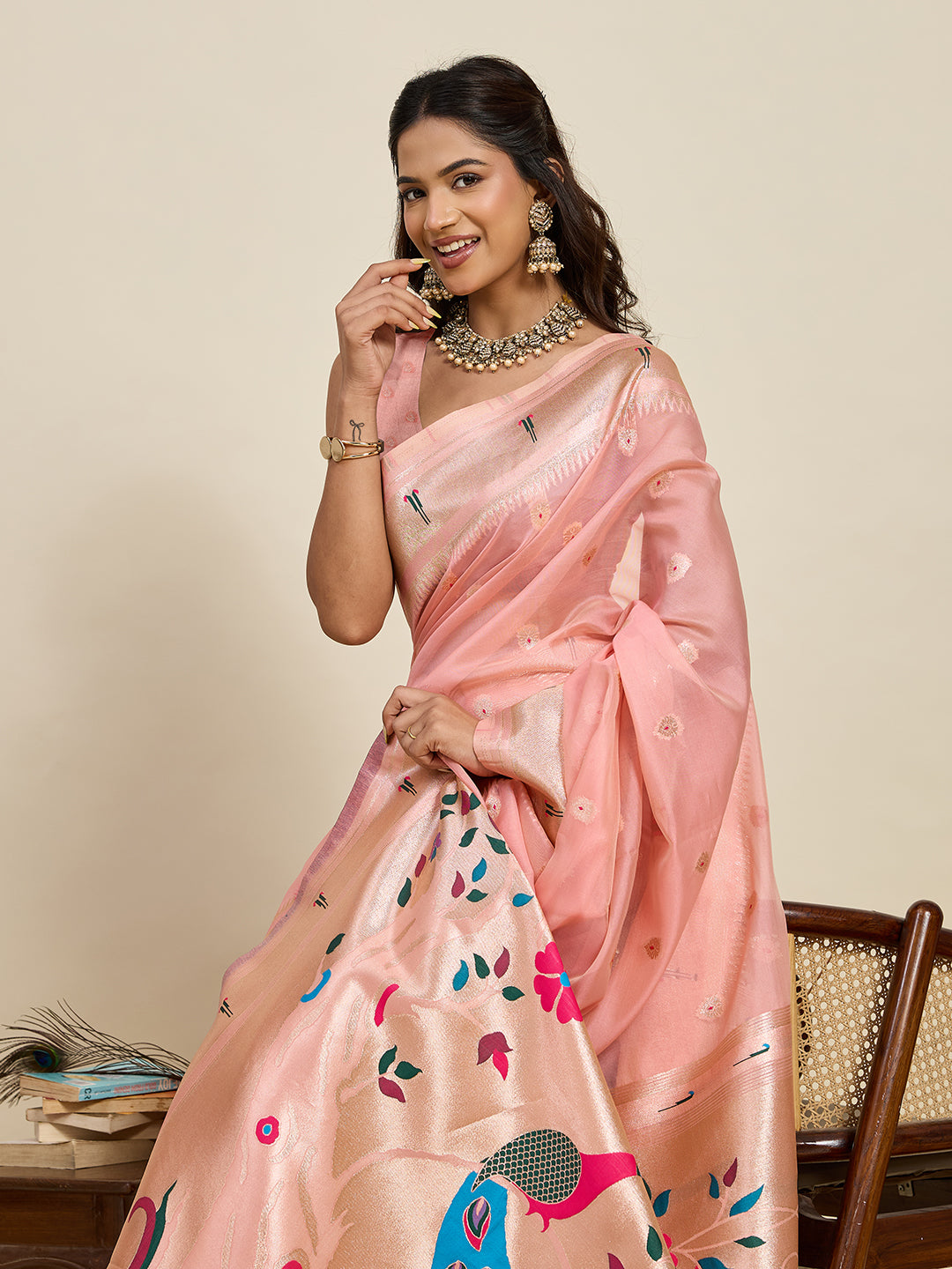 Fabrica Vibe Blush Pink Organza Silk Saree with Peacock Motif Pallu & Zari Border