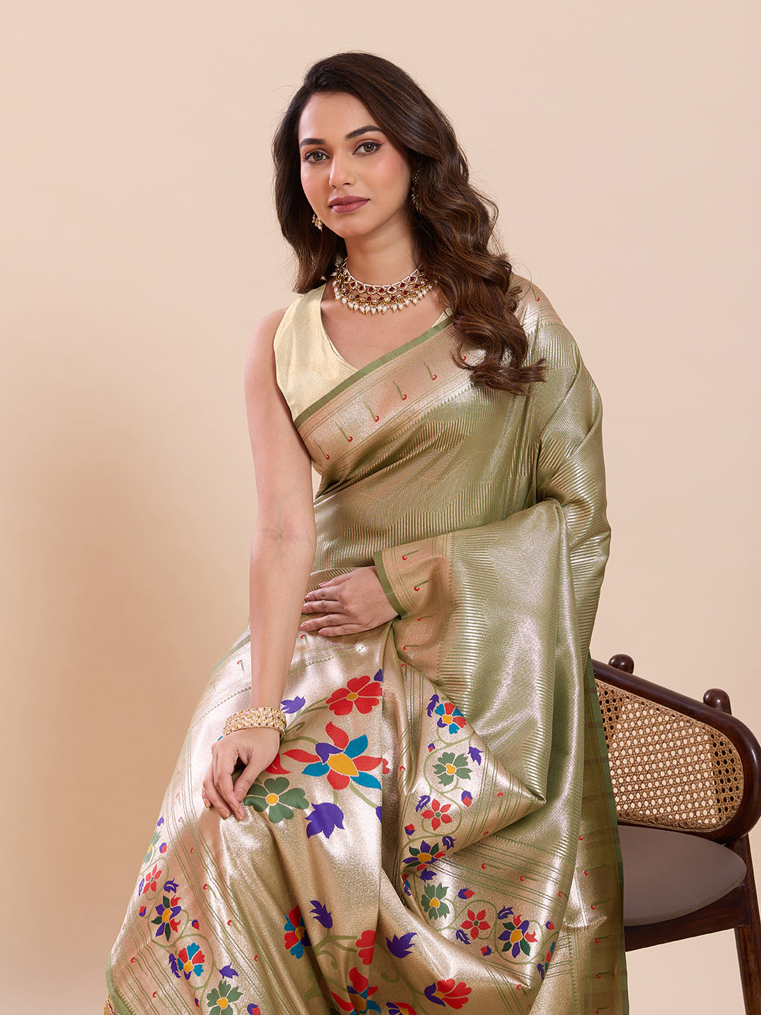 Fabrica Vibe Sage Green Paithani Art Silk Saree with Multicolor Floral Woven Pallu