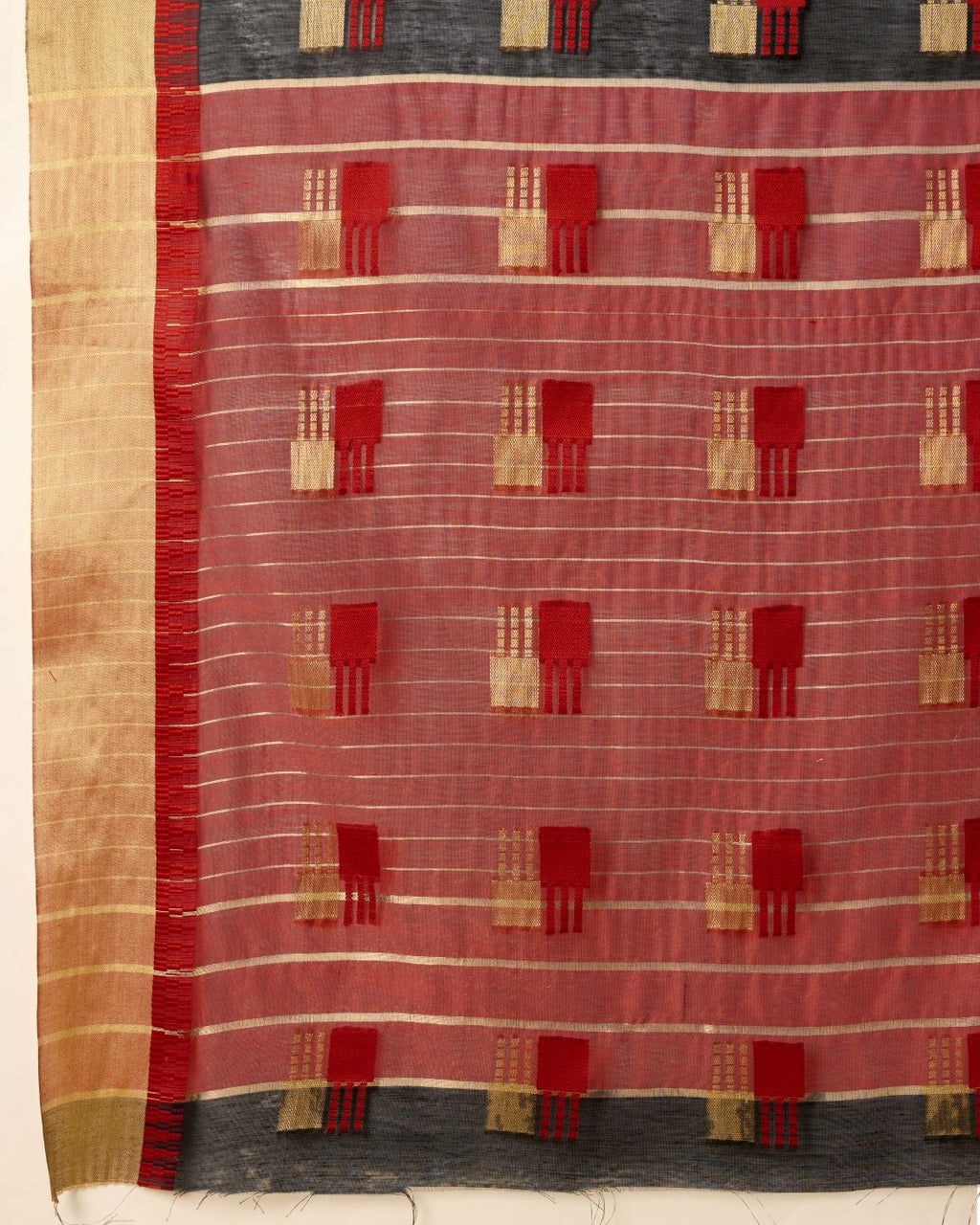 Fabrica Vibe Handwoven Bengal Cotton Saree in Black & Red with Woven Geometric Motifs