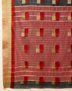 Fabrica Vibe Handwoven Bengal Cotton Saree in Black & Red with Woven Geometric Motifs