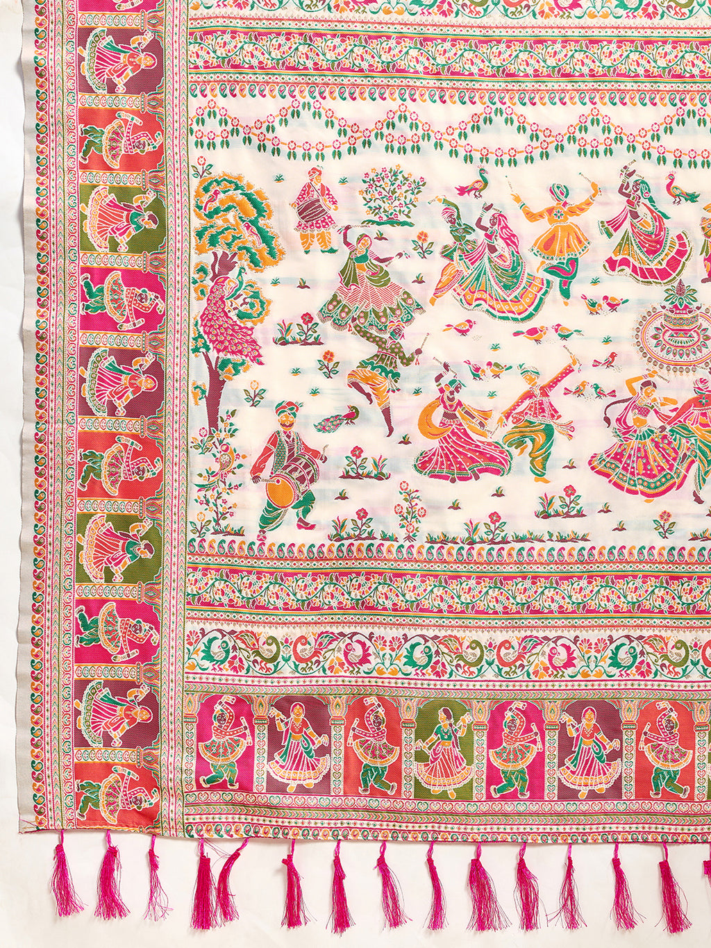 Fabrica Vibe Ivory White Art Silk Folk Art Printed Saree with Peacock Motifs & Tassel Pallu