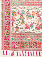 Fabrica Vibe Ivory White Art Silk Folk Art Printed Saree with Peacock Motifs & Tassel Pallu
