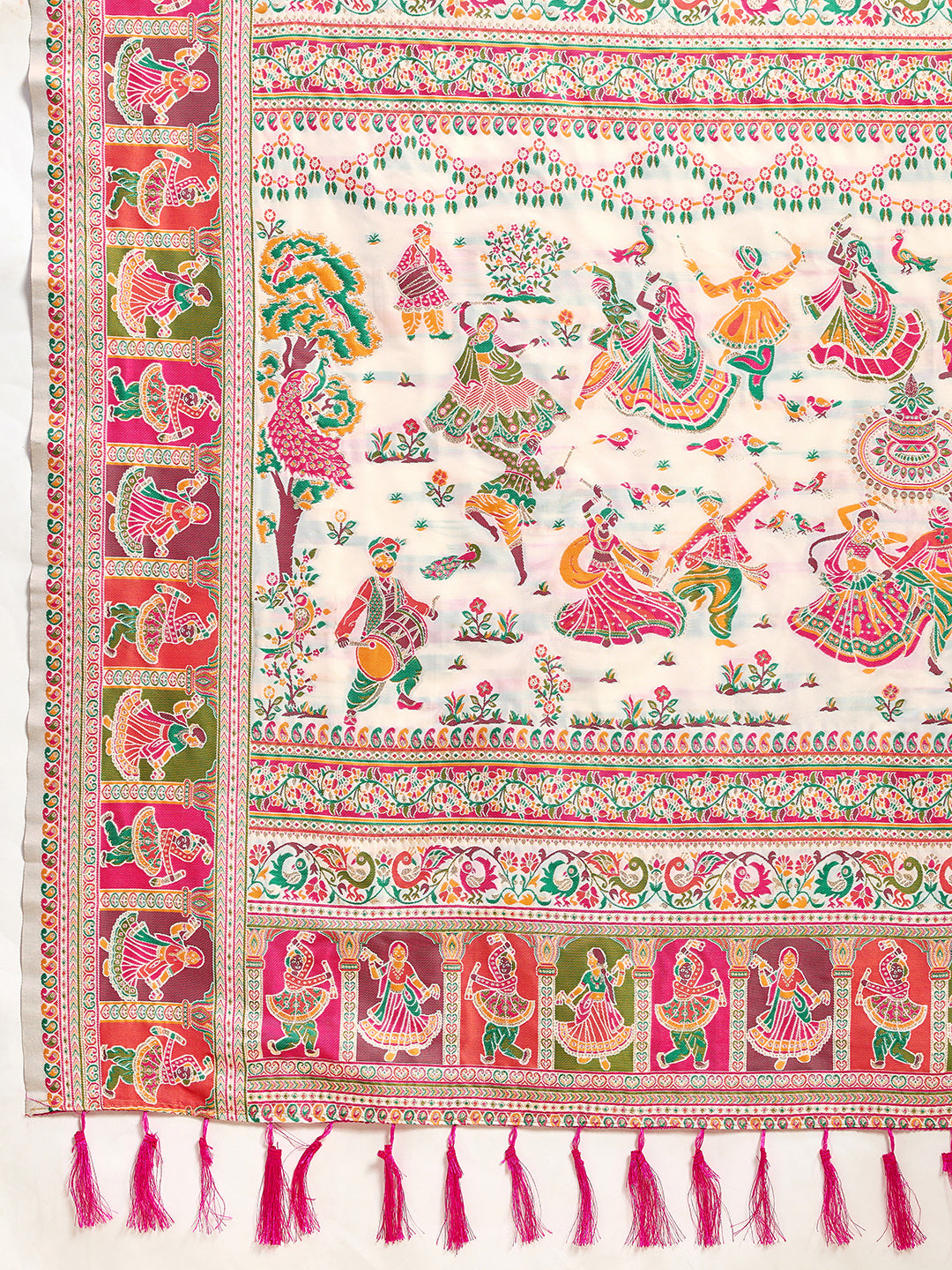 Fabrica Vibe Ivory White Art Silk Folk Art Printed Saree with Peacock Motifs & Tassel Pallu