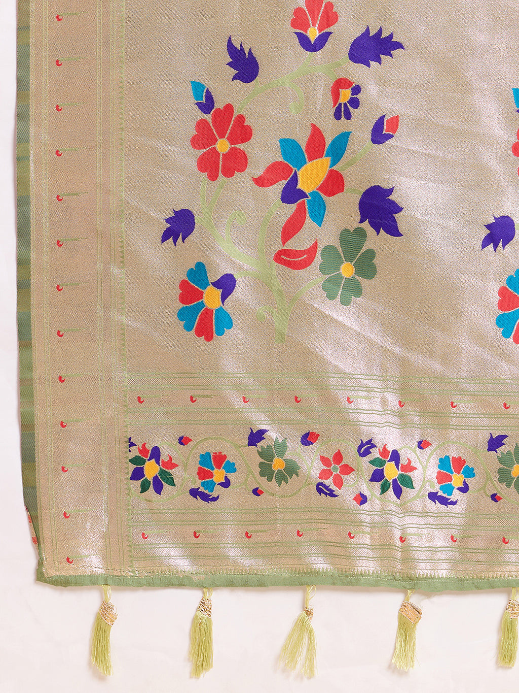 Fabrica Vibe Sage Green Paithani Art Silk Saree with Multicolor Floral Woven Pallu