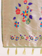 Fabrica Vibe Sage Green Paithani Art Silk Saree with Multicolor Floral Woven Pallu