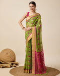 Fabrica Vibe Handwoven Bengal Cotton Saree in Parrot Green & Pink with Woven Motifs