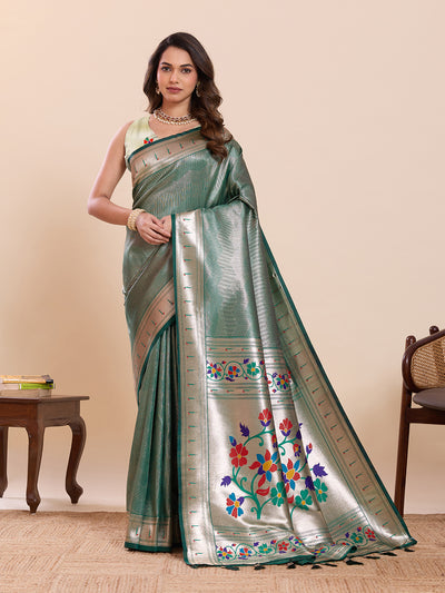 Fabrica Vibe Sea Dark Green  Paithani Art Silk Saree with Multicolor Floral Woven Pallu