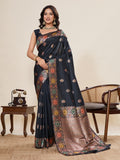 Fabrica Vibe Black Banarasi Silk Saree with Multicolor Floral Zari Border