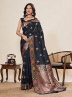 Fabrica Vibe Black Banarasi Silk Saree with Multicolor Floral Zari Border