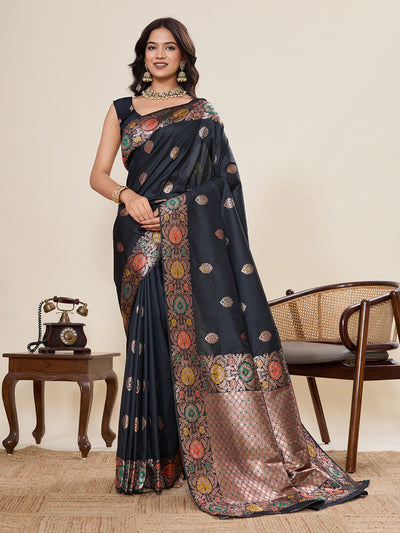Fabrica Vibe Black Banarasi Silk Saree with Multicolor Floral Zari Border