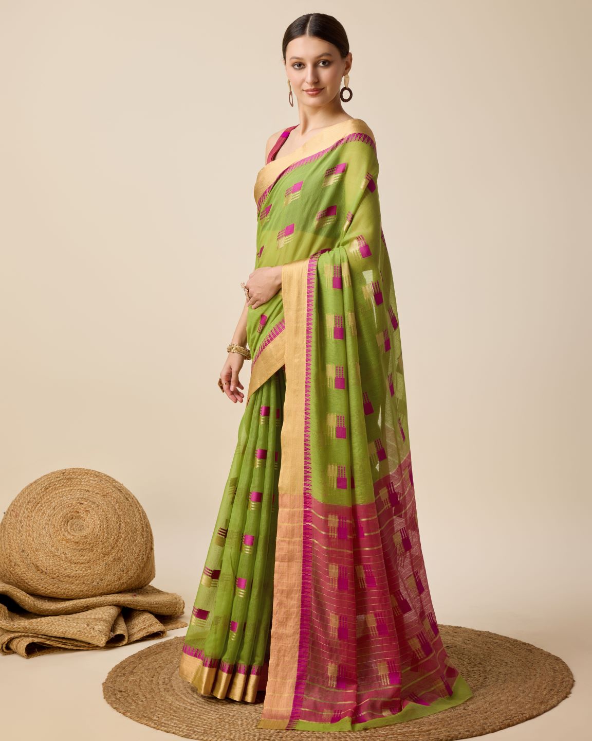 Fabrica Vibe Handwoven Bengal Cotton Saree in Parrot Green & Pink with Woven Motifs
