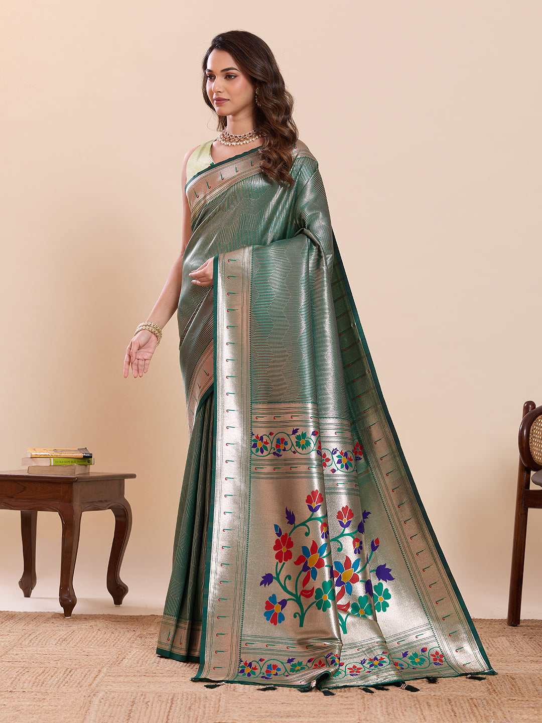 Fabrica Vibe Sea Dark Green  Paithani Art Silk Saree with Multicolor Floral Woven Pallu