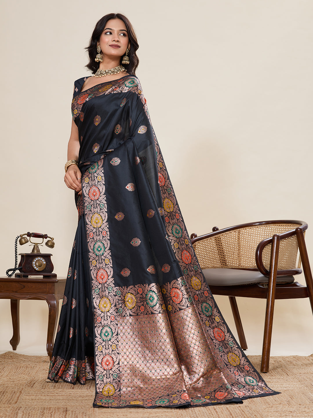 Fabrica Vibe Black Banarasi Silk Saree with Multicolor Floral Zari Border