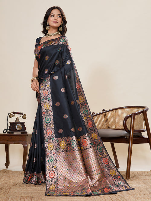 Fabrica Vibe Black Banarasi Silk Saree with Multicolor Floral Zari Border