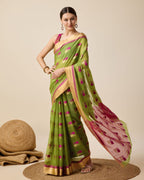 Fabrica Vibe Handwoven Bengal Cotton Saree in Parrot Green & Pink with Woven Motifs