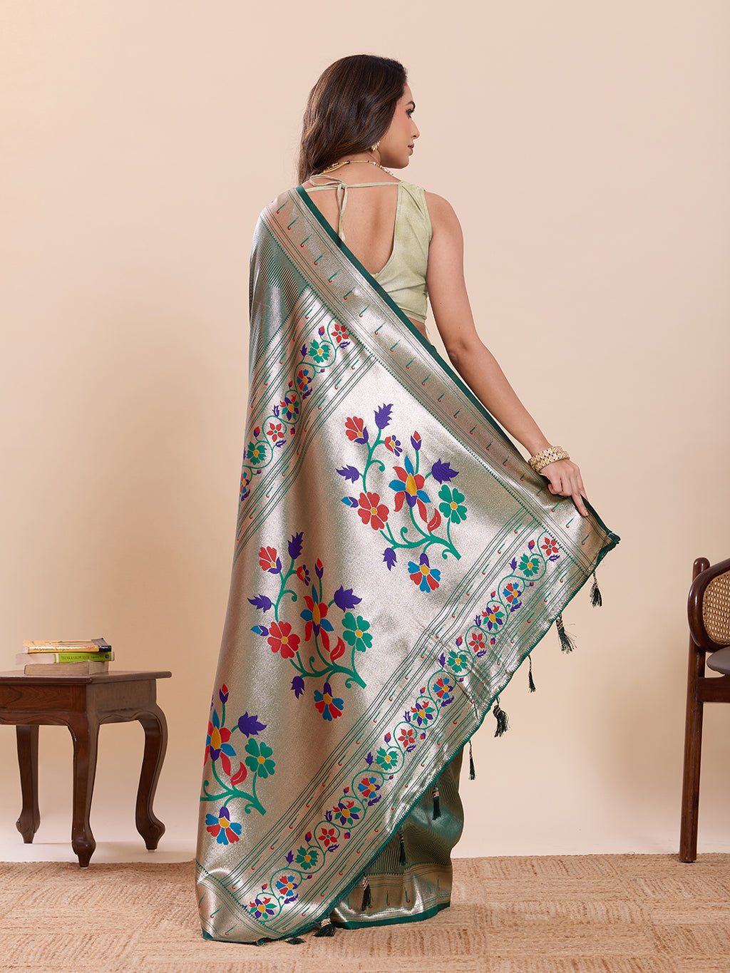 Fabrica Vibe Sea Dark Green  Paithani Art Silk Saree with Multicolor Floral Woven Pallu