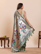 Fabrica Vibe Sea Dark Green  Paithani Art Silk Saree with Multicolor Floral Woven Pallu