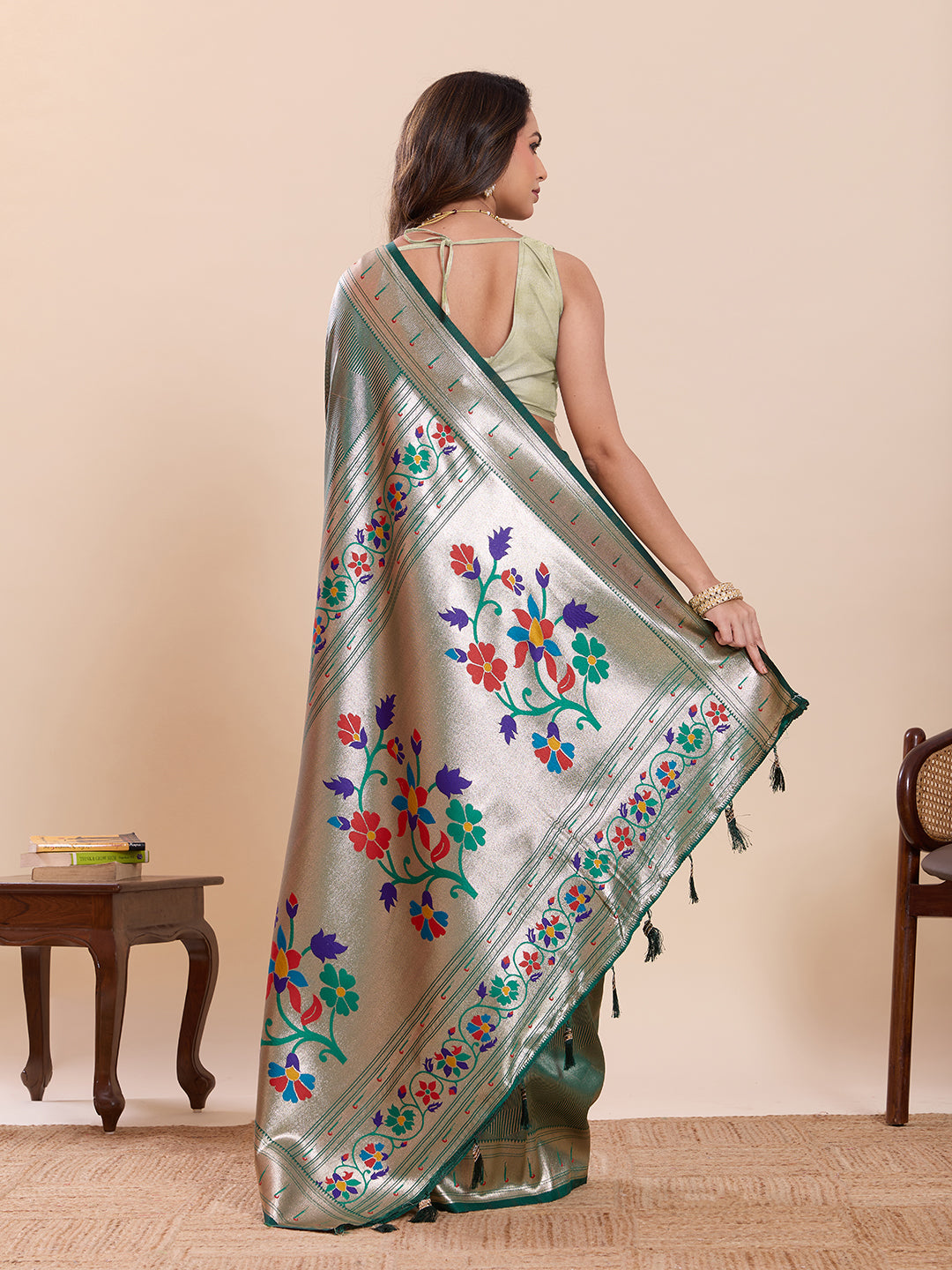 Fabrica Vibe Sea Dark Green  Paithani Art Silk Saree with Multicolor Floral Woven Pallu