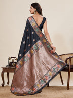 Fabrica Vibe Black Banarasi Silk Saree with Multicolor Floral Zari Border