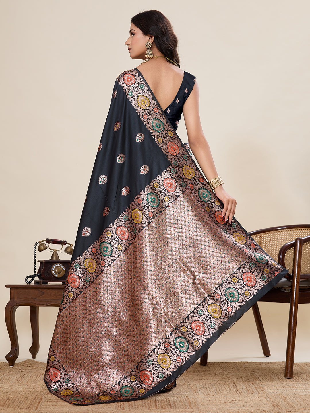 Fabrica Vibe Black Banarasi Silk Saree with Multicolor Floral Zari Border